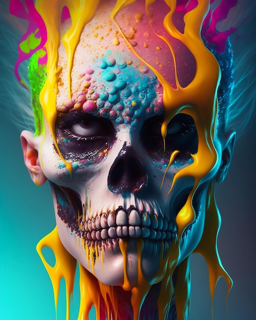 przerażająca kolorowa malowana czaszka w makijażu klauna i kolorach powitalnych