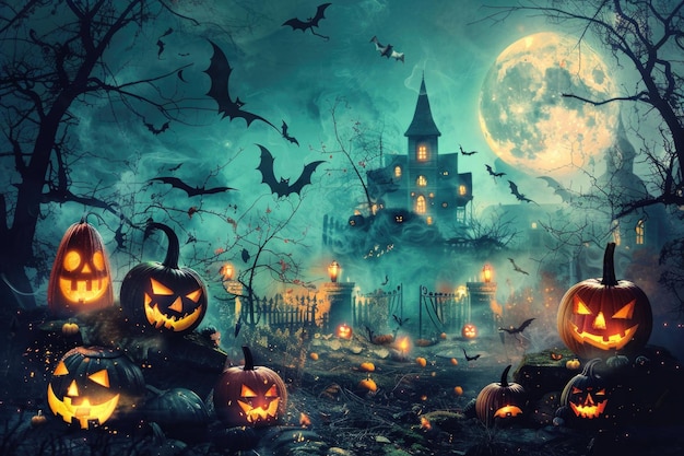 Przerażająca noc Halloweena z wiedźmą z dyni i domem nawiedzonym