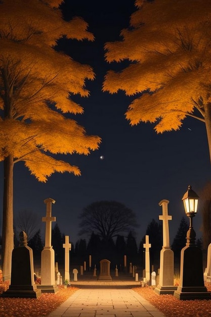 Zdjęcie przerażająca nocna scena cmentarza z nietoperzami i księżycem na tle