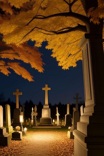 Przerażająca nocna scena cmentarza z nietoperzami i księżycem na tle