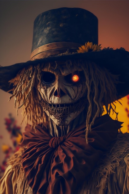 Przerażająca postać Halloweenowego Stracha na Wróble z pustą twarzą i klasycznymi kostiumami z kapeluszem wiedźmy