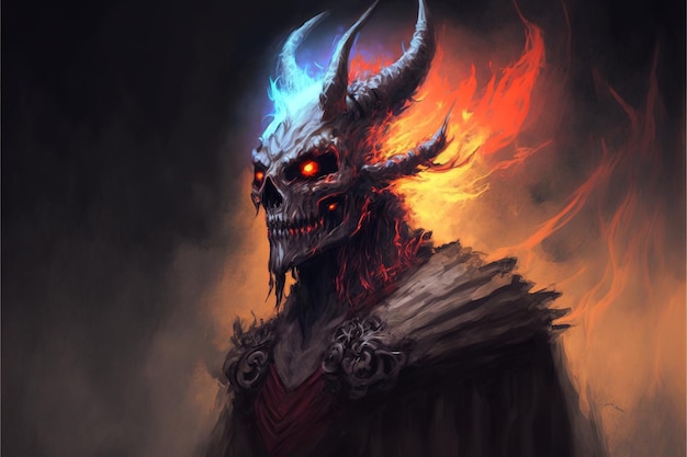 Przerażająca postać szkieletu demona z płomieniami ognia w ogniu piekielnym ilustracja w stylu sztuki cyfrowej obraz fantasy koncepcja szkieletu demona z płomieniami ognia w ogniu piekielnym