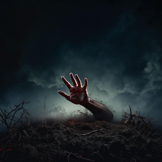 Przerażająca ręka zombie wznosząca się z ziemi z dymem i czarnym tłem Halloween koncepcja