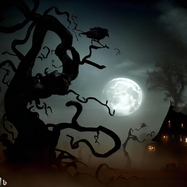 Zdjęcie przerażająca scena halloween z krukiem siedzącym na skręconym drzewie, księżycem pełnym i nawiedzonym domem.