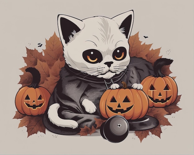 Przerażająca sztuczka wektorowa kota z dyniowym kostiumem halloween