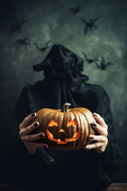 Przerażająca wiedźma z Jack O'Lantern Zbliż uo widok Szczęśliwy Halloween Trick or treat Kopiować przestrzeń Generatywna sztuczna inteligencja