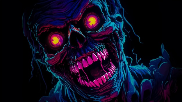 Przerażająca, złowroga postać z wielkim uśmiechem, kolorowym neonem Halloween, koncepcja wygenerowana przez Ai
