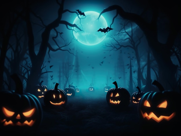 Przerażające dyni halloween w ciemnej ścieżce generatywne ai