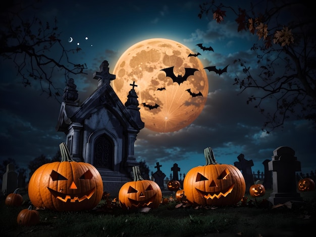 Przerażające Halloween z dyniami na cmentarzu