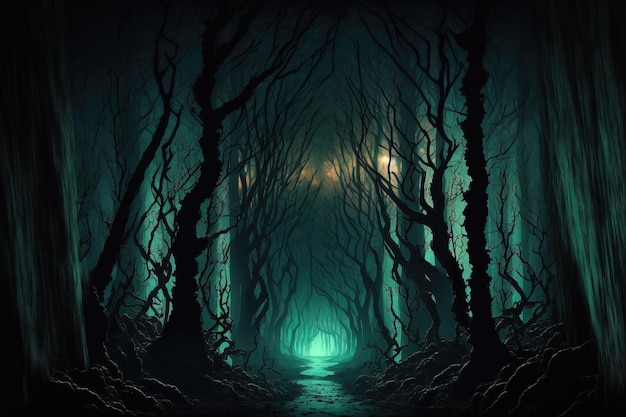 Przerażające lasy w wieczornej ciemności