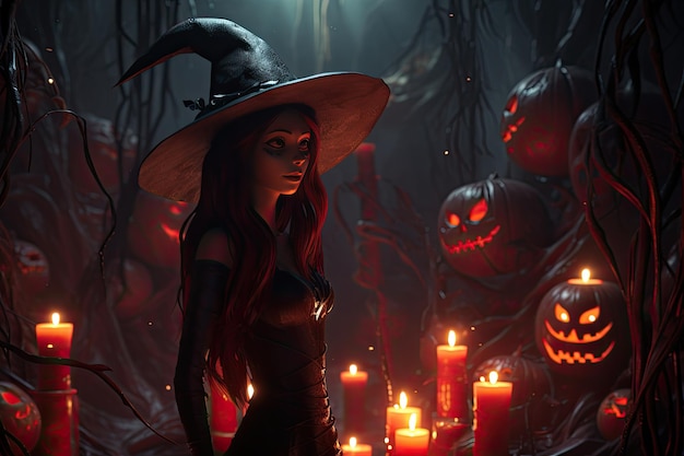 Przerażające tło Halloween z dziewczyną czarownicą i dyniami ilustracyjnymi Generatywna AI