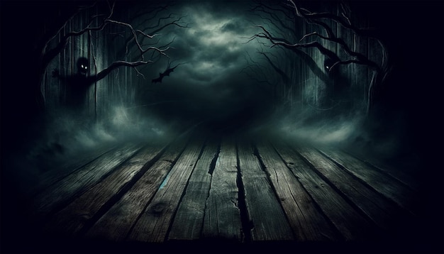Przerażające tło Halloween z pustymi drewnianymi deskami ustawionymi w ciemnej atmosferze grozy