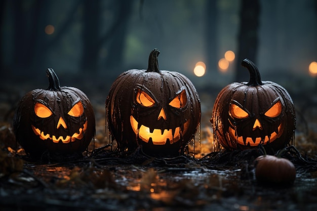 Przerażające uśmiechnięte dyni w ciemnym lesie w przerażającą noc Halloweena generatywna sztuczna inteligencja Przerażające latarnie i światła bokeh w nawiedzonym lesie Halloween i koncepcja grozy