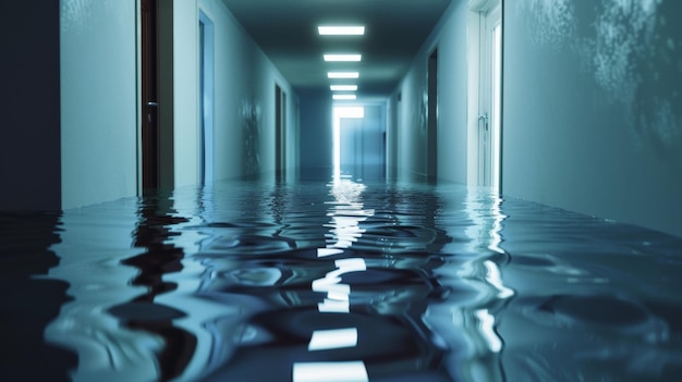 Przerażająco spokojny, zalany korytarz z odbiciem świateł.