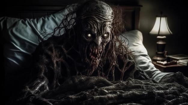 Przerażająco wyglądający zombie leży w łóżku z ciemnym tłem.