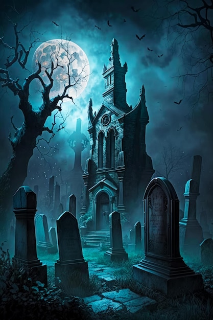 Przerażający cmentarz z pełnią księżyca na niebie i cmentarzem na pierwszym planie Generacyjna AI