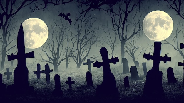 Przerażający cmentarz z pełnią księżyca za nim.
