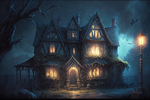 Przerażający dom grozy ze świecącymi oknami i krzywymi okapami