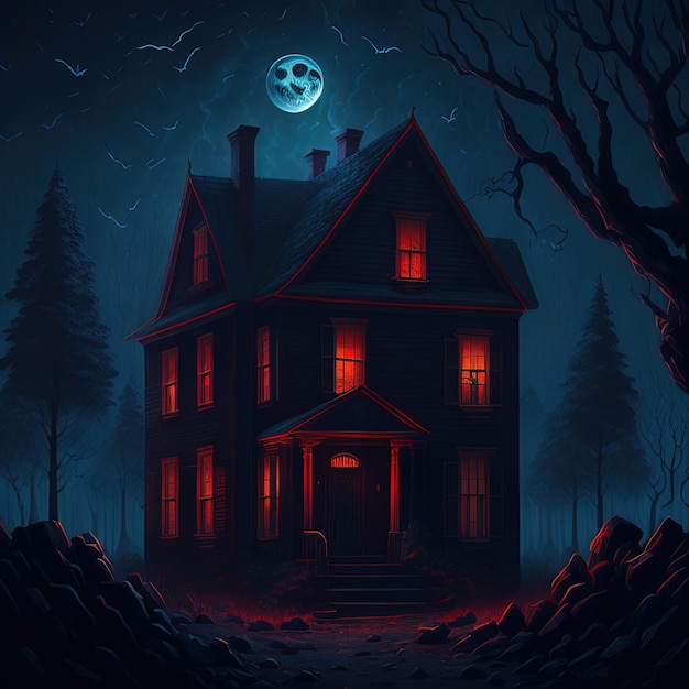 Przerażający dom w lesie z księżycem w tle.