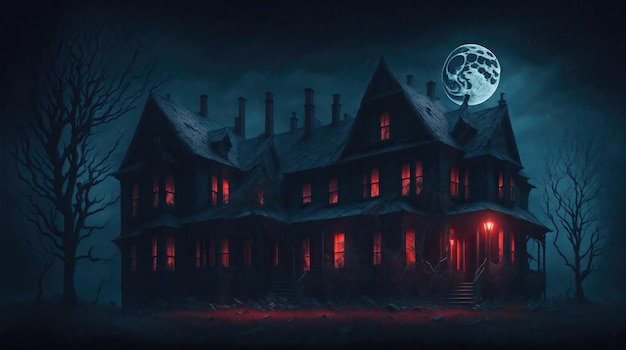 Przerażający dom w środku nocy kąpany w czerwonym świetle spowodował pełnię księżyca na nocnym niebie