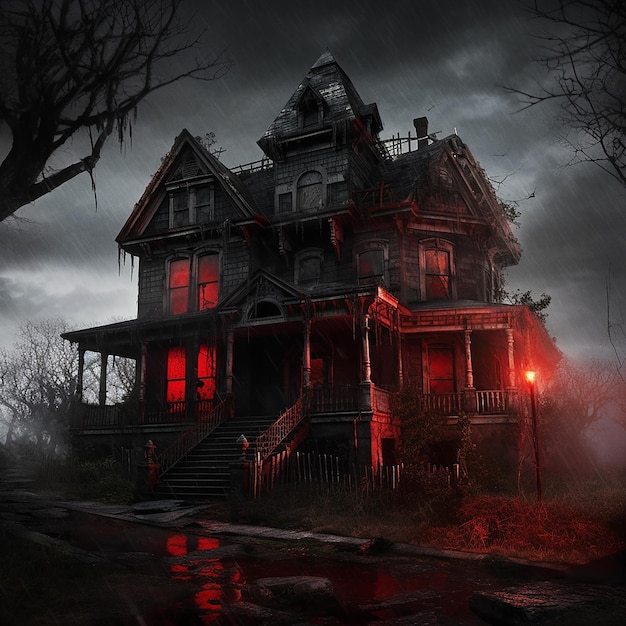 Przerażający dom z czerwonym światłem w tle