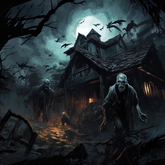 Przerażający dom z przerażającym człowiekiem w ciemności.