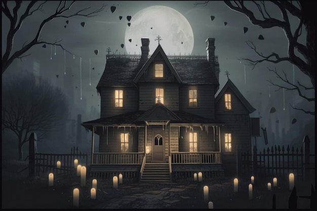 Przerażający dom ze świecami przed nim Obraz Generative AI