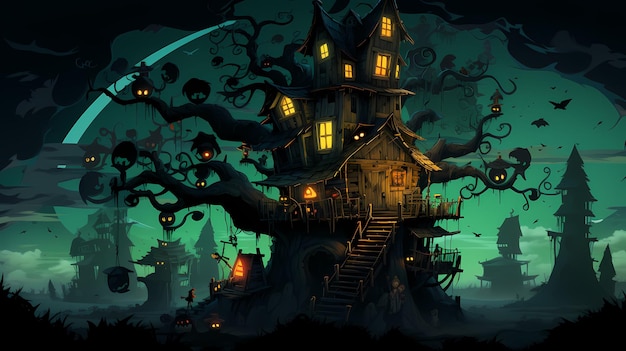 Przerażający domek na drzewie z duchami i ghoulami na tle Halloween