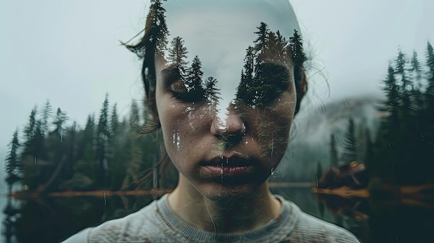 Przerażający portret kobiety z lasem na twarzy