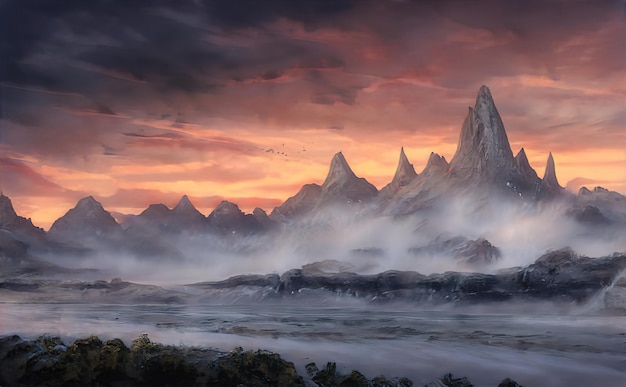 Przerażający tajemniczy krajobraz, niesamowita przyroda gór. Wieczorny zmierzch fantasy las tło. Przerażająca natura mgła Halloween. Ilustracja