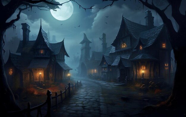 Zdjęcie przerażający urok stara wioska spowita jesienną mgłą generacyjna sztuczna inteligencja