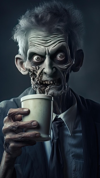 Przerażający zombie trzymający szklankę espresso.
