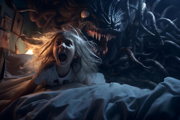 Przerażona biała dziewczyna krzycząca w łóżku podczas snu w nocy w domu z powodu potwora Neuralna sieć wygenerowała obraz nie oparty na żadnej rzeczywistej osobie lub scenie