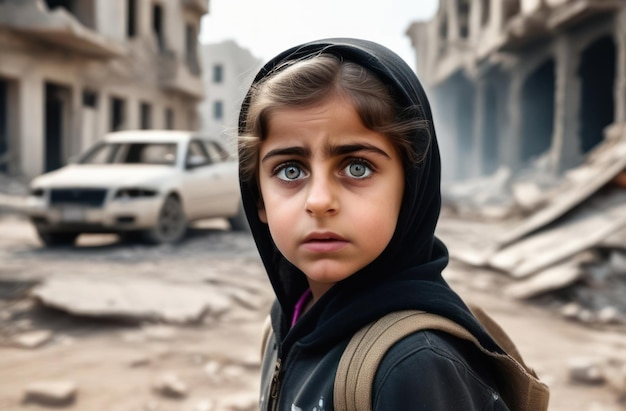 Przerażona dziewczyna na tle zniszczonego miasta Dzieci wojny zatrzymaj wojnę zatrzymaj przemoc