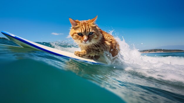 Przerażony czerwony paskowy kot surfer na desce na fali w oceanie Miejsce dla tekstu