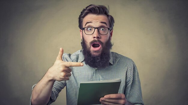 Zdjęcie przerażony mężczyzna z brodą wskazuje kciukiem na pusty przestrzeń kopiowania otwiera usta z zdumienia trzyma