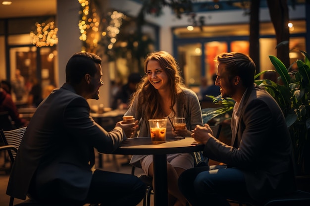 Przerwa kawowa o zmierzchu z przyjaciółmi w kawiarni Cali Mall Cafe łączącej sztuczne i miękkie naturalne oświetlenie