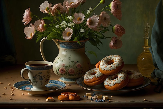Przerwa na herbatę w stylu angielskim rano martwa natura z kwiatami i pączkami