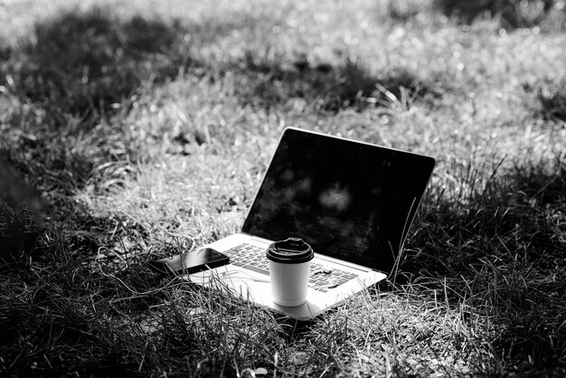 Przerwa na kawę na zewnątrz Letni park Praca i relaks w środowisku naturalnym Czas na kawę Kawa na wynos Laptop nowoczesny smartfon ze słuchawkami i filiżanką kawy na zielonej trawie Zielone biuro