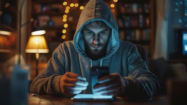 Przestępca komputerowy używający szkodliwego oprogramowania na telefonie komórkowym do włamania się do urządzeń Hacker w ciemnym kapturze w pomieszczeniu oświetlonym neonem używający komputera