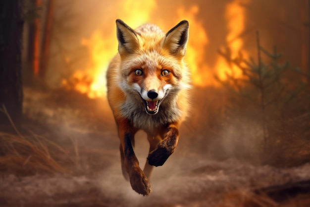 Przestraszony lis uciekający z płonącego lasu Generacyjna sztuczna inteligencja