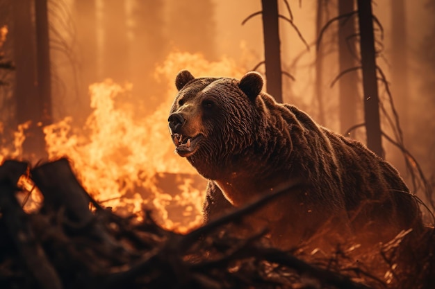 Przestraszony niedźwiedź ucieka przed pożarem lasu, największym pożarem w lesie, generatywną sztuczną inteligencją klęski żywiołowej
