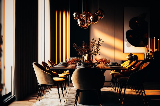 Przestronna jadalnia z eleganckim stołem i krzesłami oświetlona ciepłym światłem złotej godziny