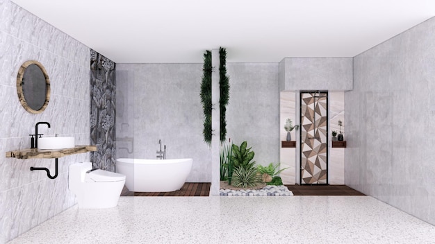 Przestronna łazienka z nowoczesną naturalną koncepcją z roślinami pokojowymi