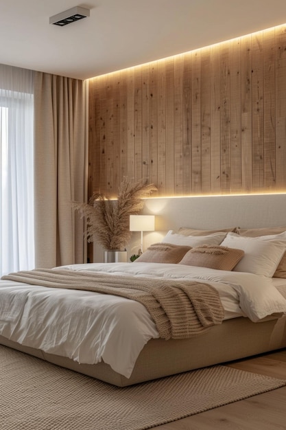 Przestronna sypialnia z dużym łóżkiem i drewnianymi ścianami