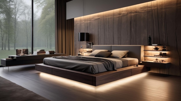 Przestronna sypialnia z dużym łóżkiem kąpanym w świetle słonecznym z ogromnego okna