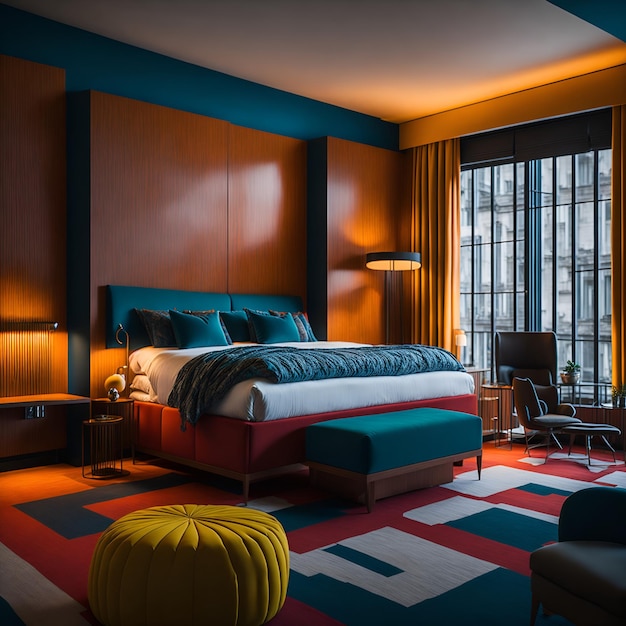przestronna sypialnia z jaskrawym dywanem i łóżkiem typu king-size jako centralnym elementem