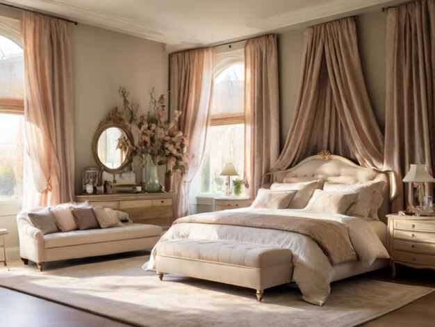 Przestronna sypialnia z klasycznie ozdobionym łóżkiem, w którym światło słoneczne przenika przez zasłony