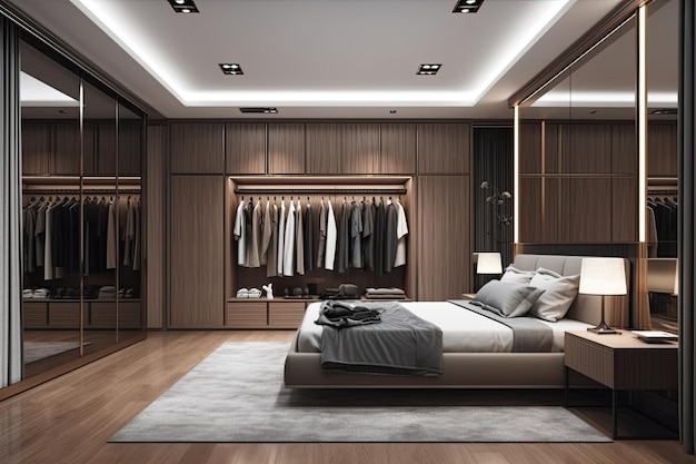 Przestronna sypialnia z łóżkiem typu king-size i luksusową garderobą Generative AI
