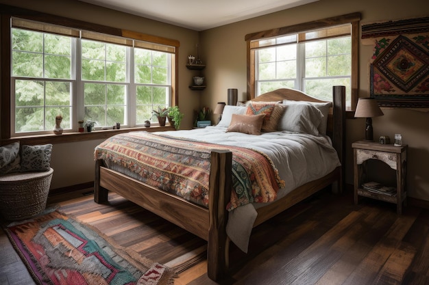 Przestronna sypialnia z rustykalną drewnianą ramą łóżka, bujnymi poduszkami i przytulną kołdrą